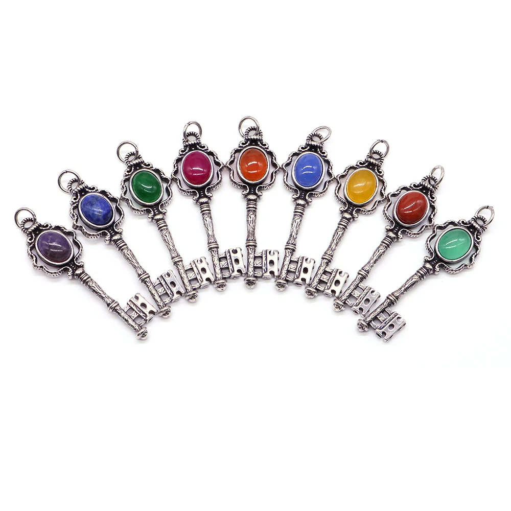 New Design Retro Sense Natural Stone Healing Crystal Key Pendant Stainless Steel Necklaces For Women Party Jewelry Lots Wholsale