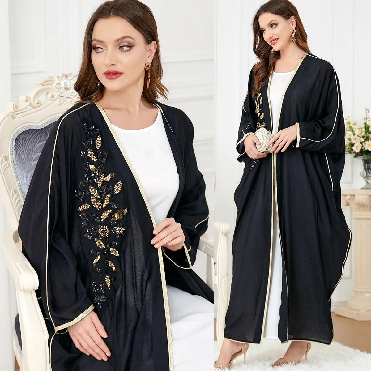 Imagem -05 - Kaftan Preto Abaya Aberto com Apliques de Lantejoulas para Mulheres Cardigã de Quimono Muçulmano Batwing Vestido Longo Caftan Marroquino Dubai Abayas 2023