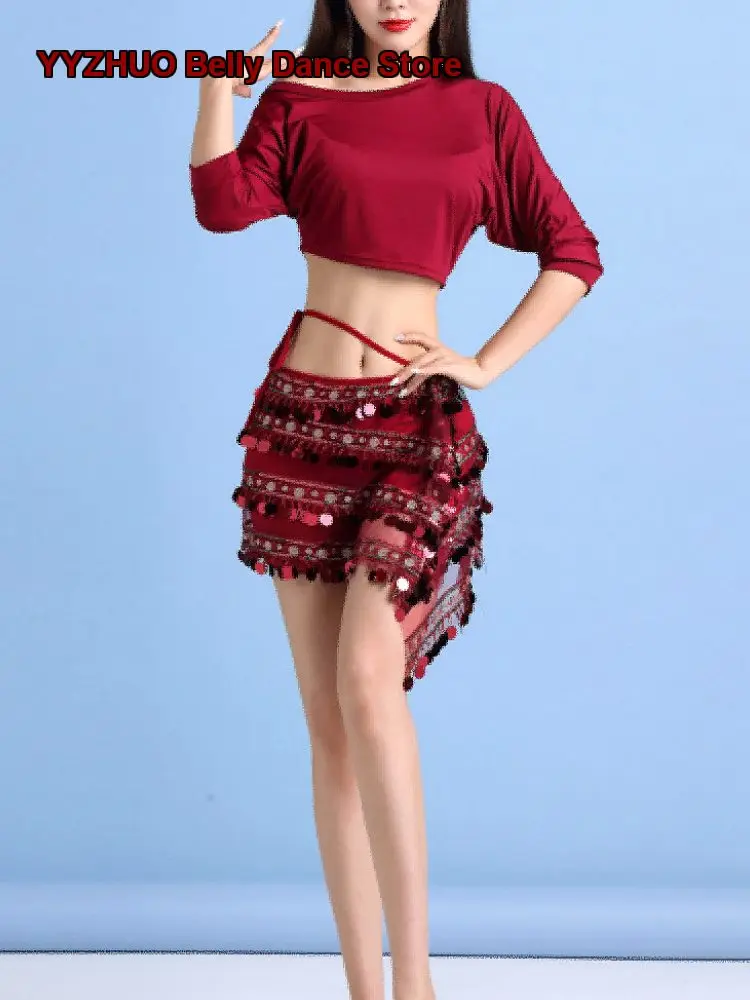 Women's Long Sleeve Sexy Lace-up Sequin Irregular Skirt Oriental Performance Dance Costume Set Long Sleeves