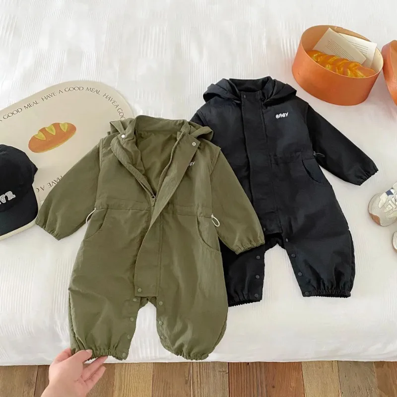 8990-ベビーワンピース服-2025年春新作-ベビーフード付きワンピース-男の子用カジュアル服-0-3歳-ベビーつなぎ服