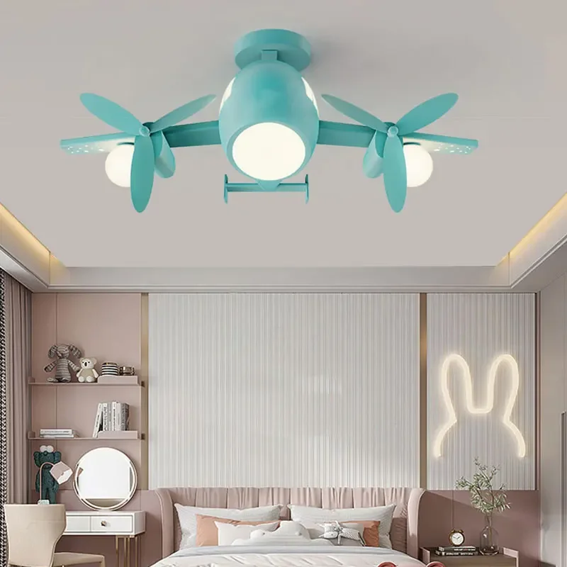 Helicopter Ceiling Lamp Children's Bedroom Blue Grey Aircraft Led Chandelier Light for Study Girls Boys Kids' Room Home Lighting