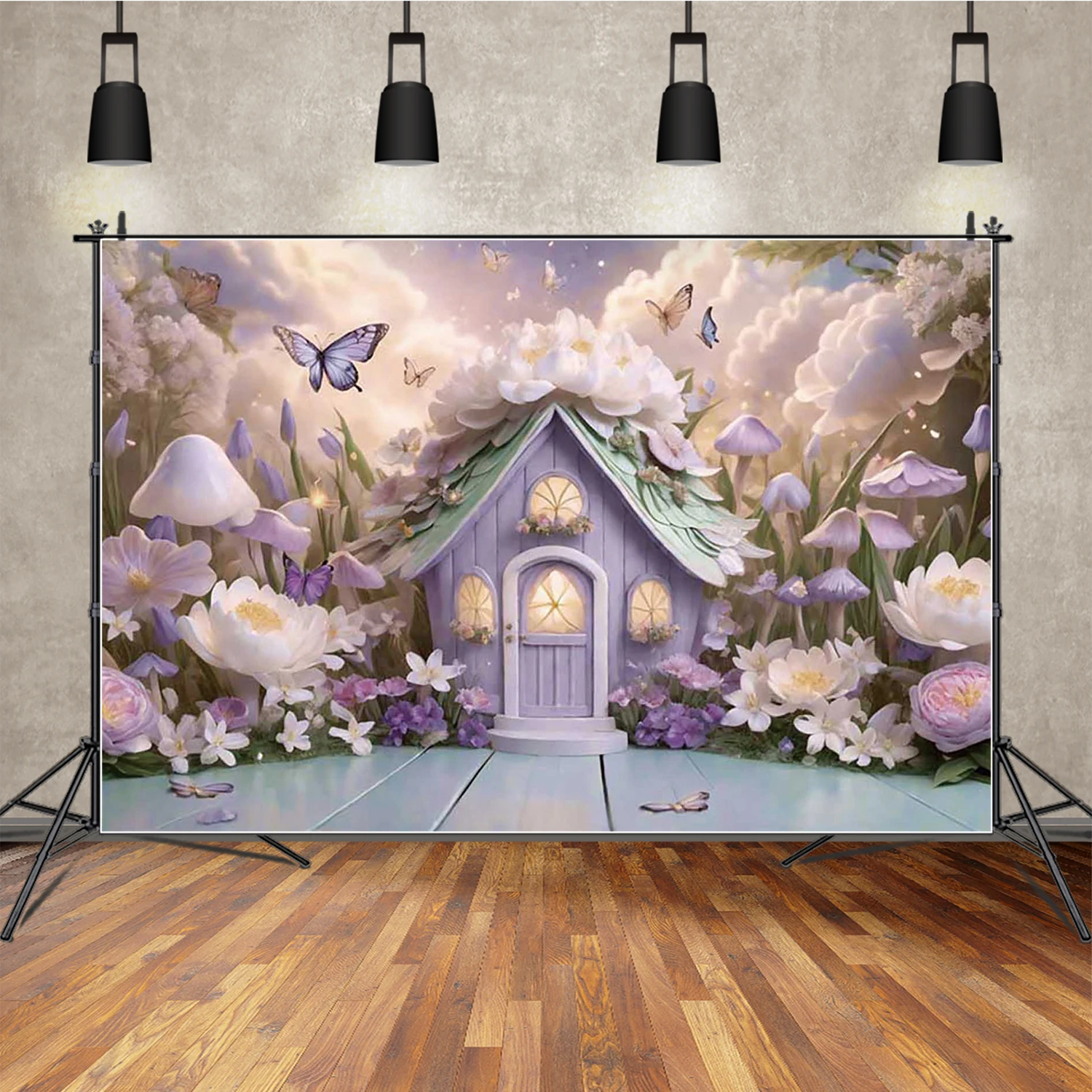 

MOON.QG Purple Dreamy Birthday Background Photography Forest House Flower Butterfly Photocall Backdrop Children Studio Supplies