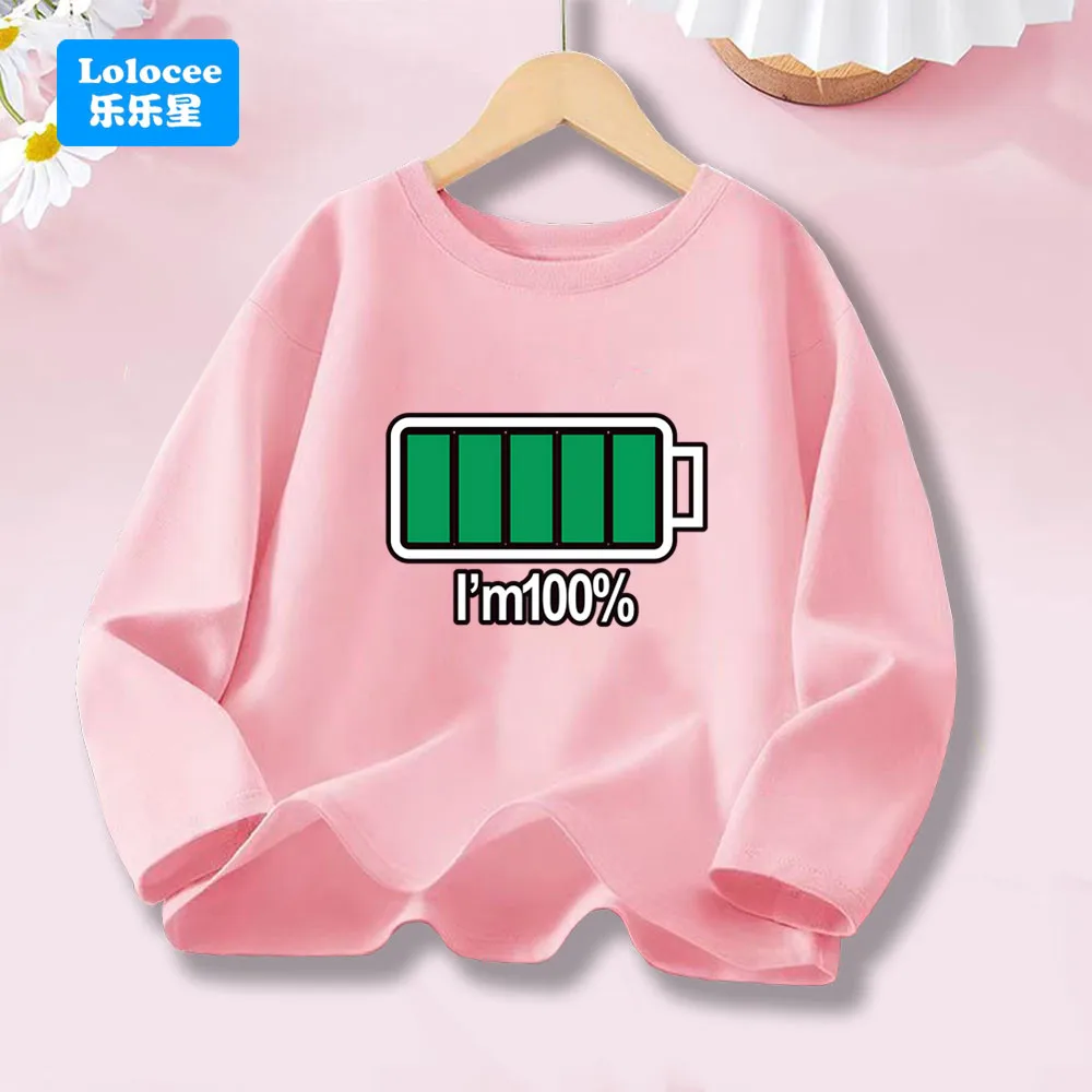 

Kids' Cotton Long Sleeve T-shirt with "I'm 100%" Battery Graphic Funny Tops Tee for Boy Girl