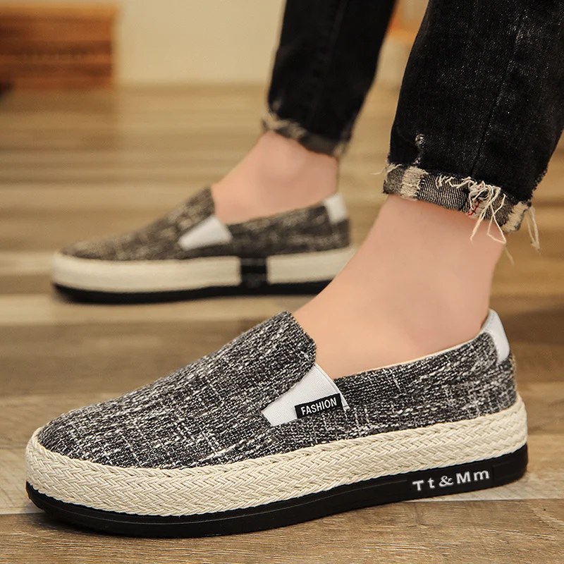 Hot Sale Men\'s Loafers Linen Breathable Casual Flats Shoes Men Espadrilles Slip-on Canvas Shoes Man Fisherman Driving Footwear