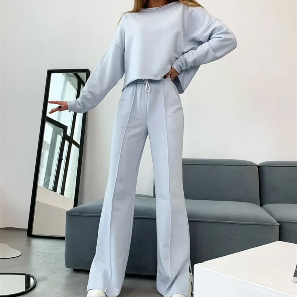 Spring New Solid 2 Piece Casual Home Suit Women Loose Round Neck Long Sleeved Pullover Top Elastic Waist Lace Up Trousers Set