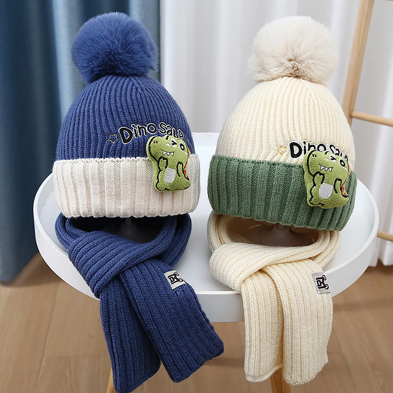 2Pcs Cute Dinosaur Children Knitted Scarf Hat Set Winter Warm Woolen Neckerchief Pompom Kids Beanie 3-12Year Baby Pullover Cap