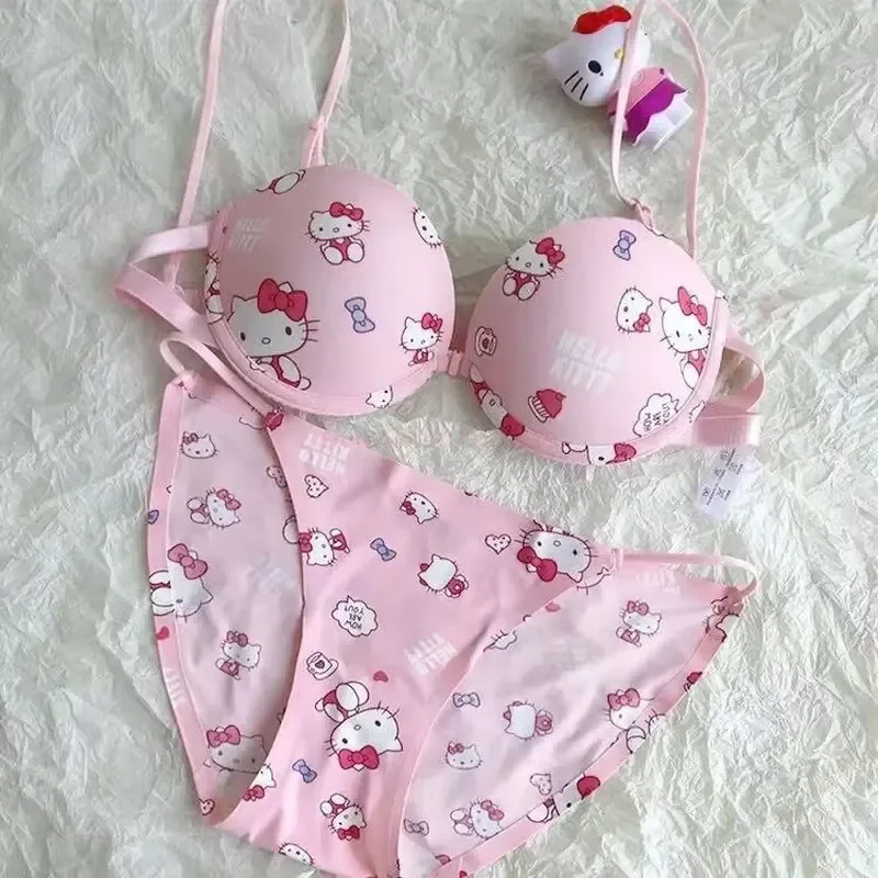 Kawaii Sanrio Bra Set Hello Kitty Sweet Underwear Panties And Bra Set Push-up Bra Comic Underwear Sexy Purebra Birthday Gift