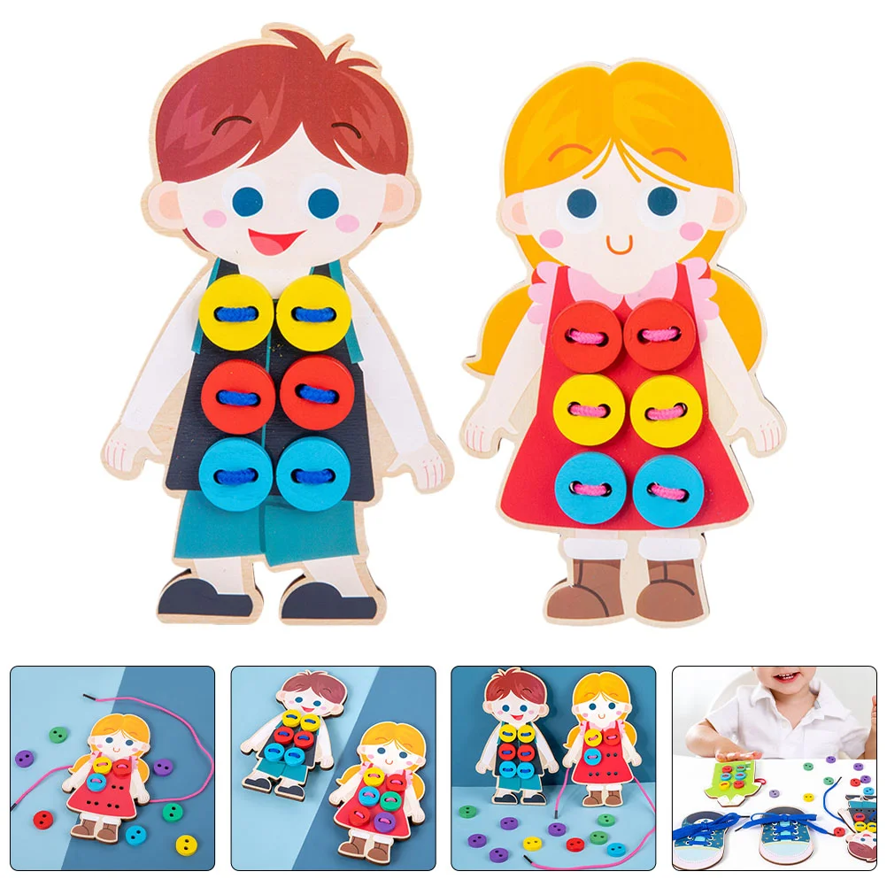 2 Pcs Wooden Dressing Dolls Clothes Lacing Toys Sewing Button Threading Children's Clothing Adorable Preschool