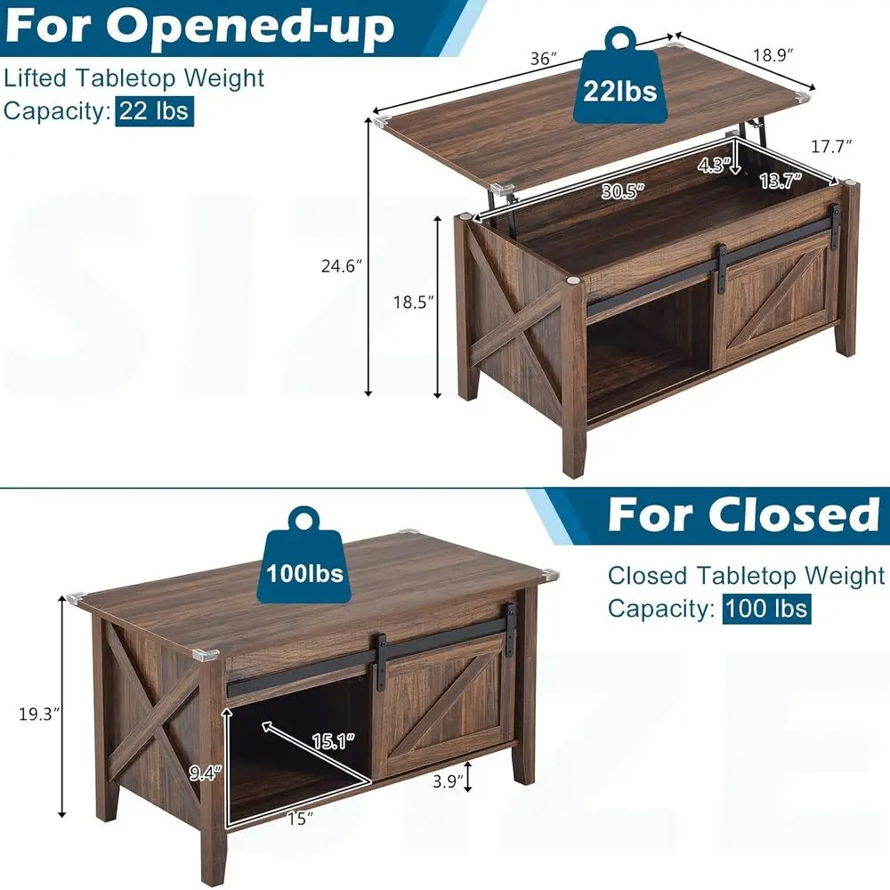 Rustic Grey Lift Top Coffee Table with Storage Shelf and Hidden Compartment, Espresso Brown, 36 Length