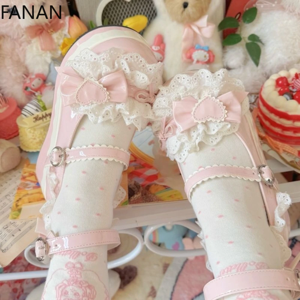 

Lolita Platform Mid Heels Pumps Cute Bow Dolls Japanese Lace Flats Sandals Pink Princess 2025 Breathable Popular Shoes