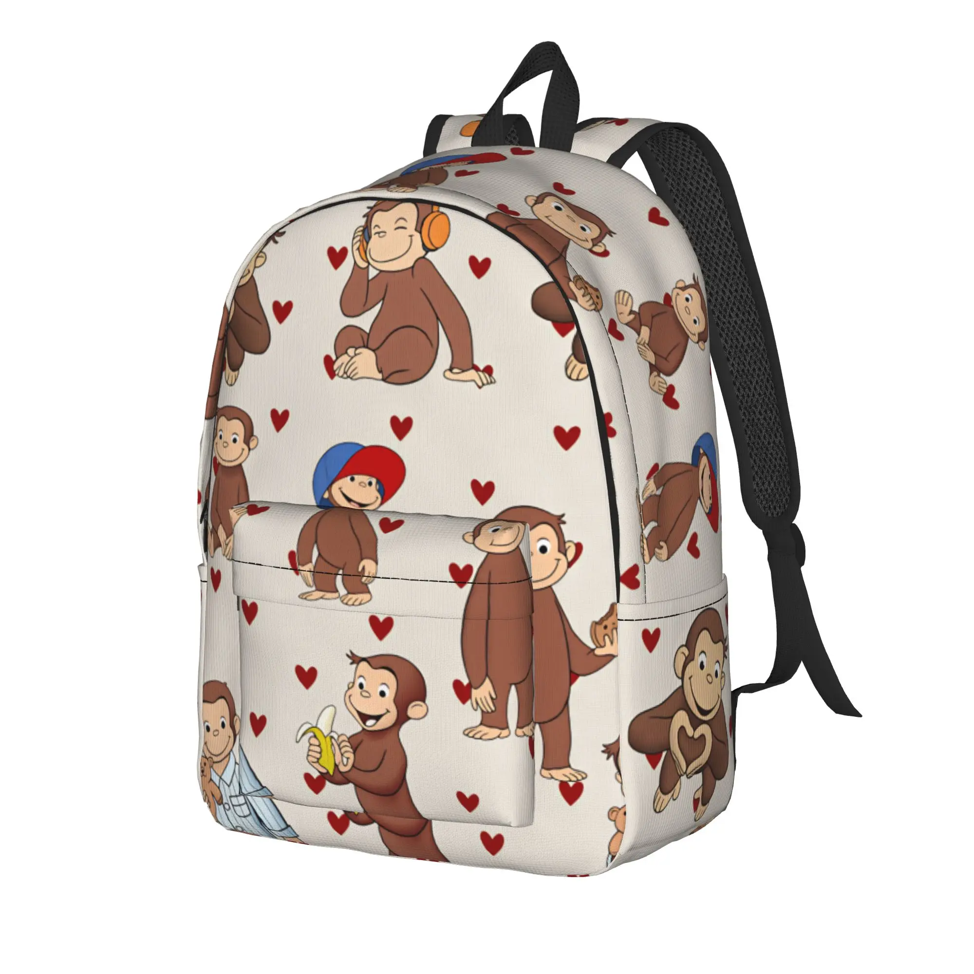 Curious George Red Hearts Backpack  Cute Backpacks Youth Outdoor Pattern School Bags Designer Rucksack
