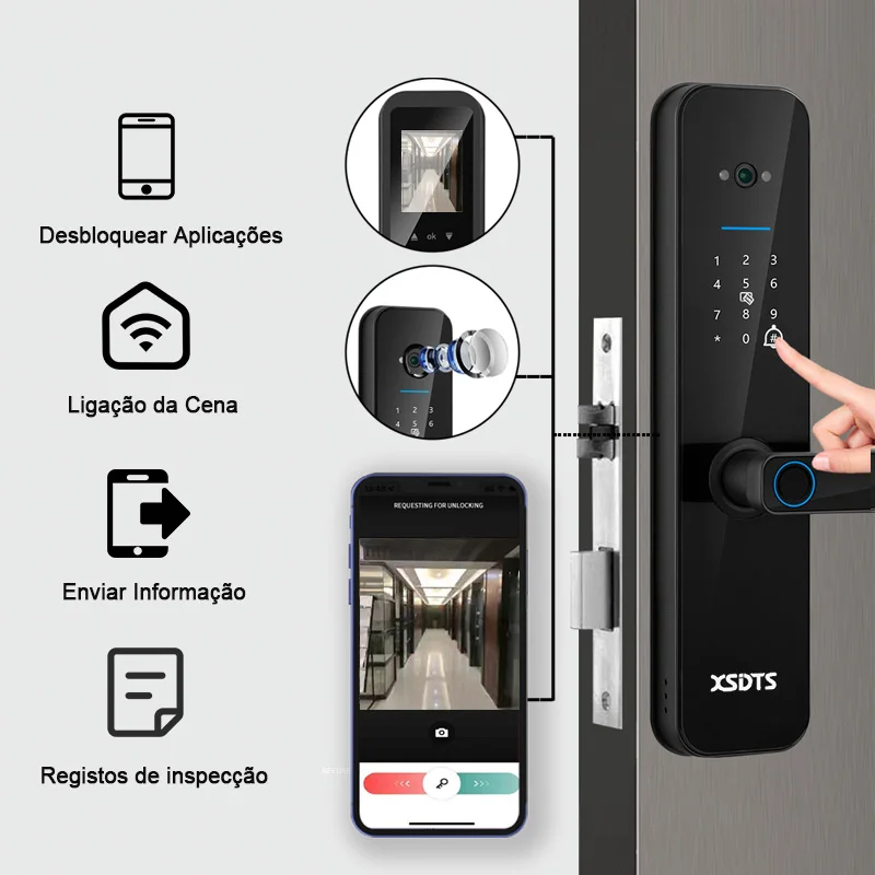 XSDTS Tuya WiFi Câmara Electronic Smart Door Lock, Impressão digital biométrica, Smart Card, Senha, Desbloqueio com chave, USB Emergency Charge