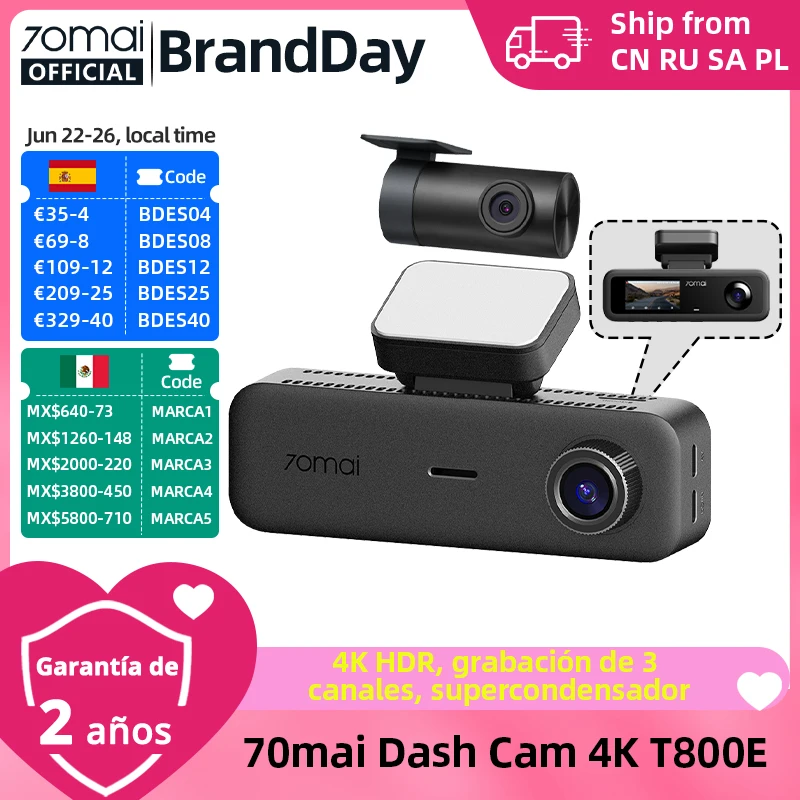70mai T800E Grabador de Conducción de 3 Canales: Frontal 4K + Trasero 1080P + Interior 1080P HDR, Supercondensador, Estacionamiento 24H, GPS, WiFi 6, Control por Voz