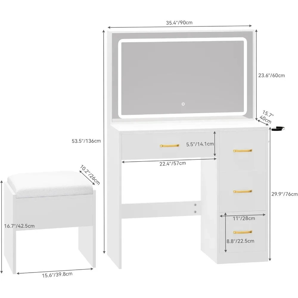 Makeup Table with Adjustable Illumination Mirror and Power Board, 4 Drawers, Soft Cushioned Stool, Ivory Colored Makeup Table