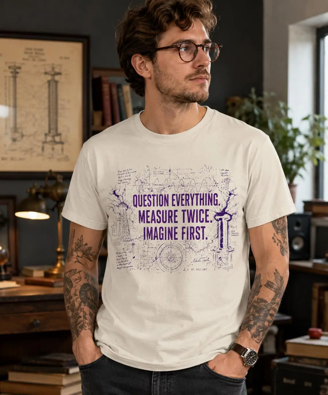 Summer Men's T-shirt, Fashionable Trend, Comfortable and Casual Nikola Tesla Portrait T-shirt | Question Everything Quote