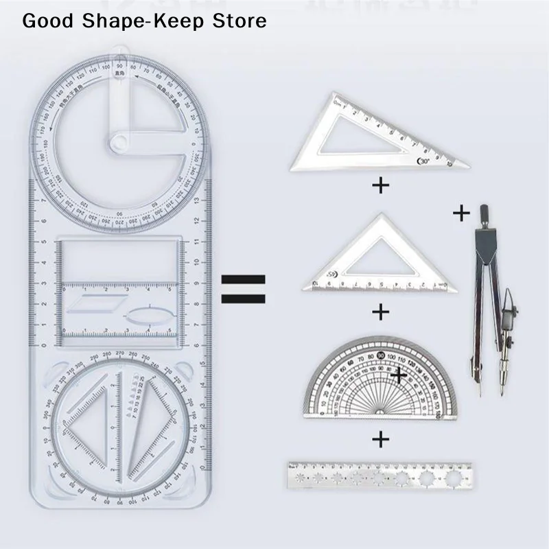 1PCS Multi Functional 360 ° Movable Geometric Drawing multi-function ruler For Primary School Mathematics Portable Transparent