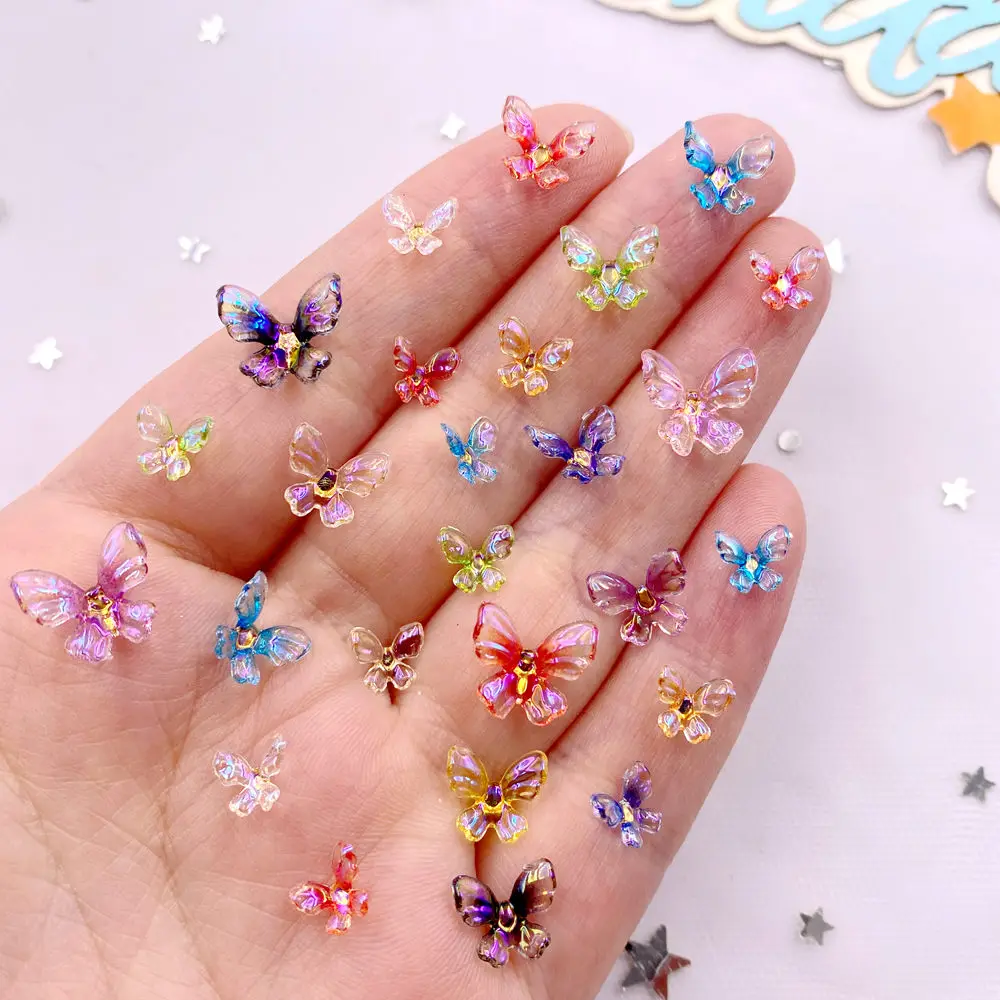 Mini cristales giratorios 3D coloridos de resina con purpurina mixta, 7mm/9mm/11mm, mariposa, parte posterior plana, diamantes de imitación, apliques para decoración de uñas, manualidades DIY