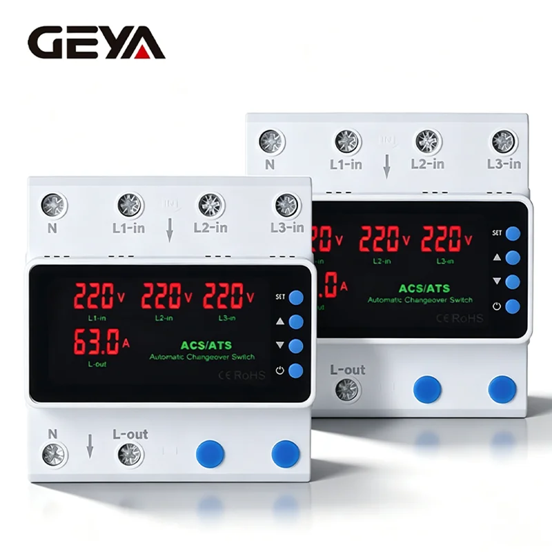 GEYA 100A 3 Phase 3P+N Selector Adjustable Over and Under Voltage Current Protection Auto Priority Switch Din Rail