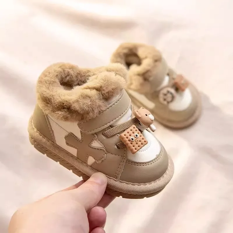 Children Snow Boots Girls Cartoon Button Thick Plush Snow Boots Baby Boy Soft Sole Cotton Shoes Size 15-25