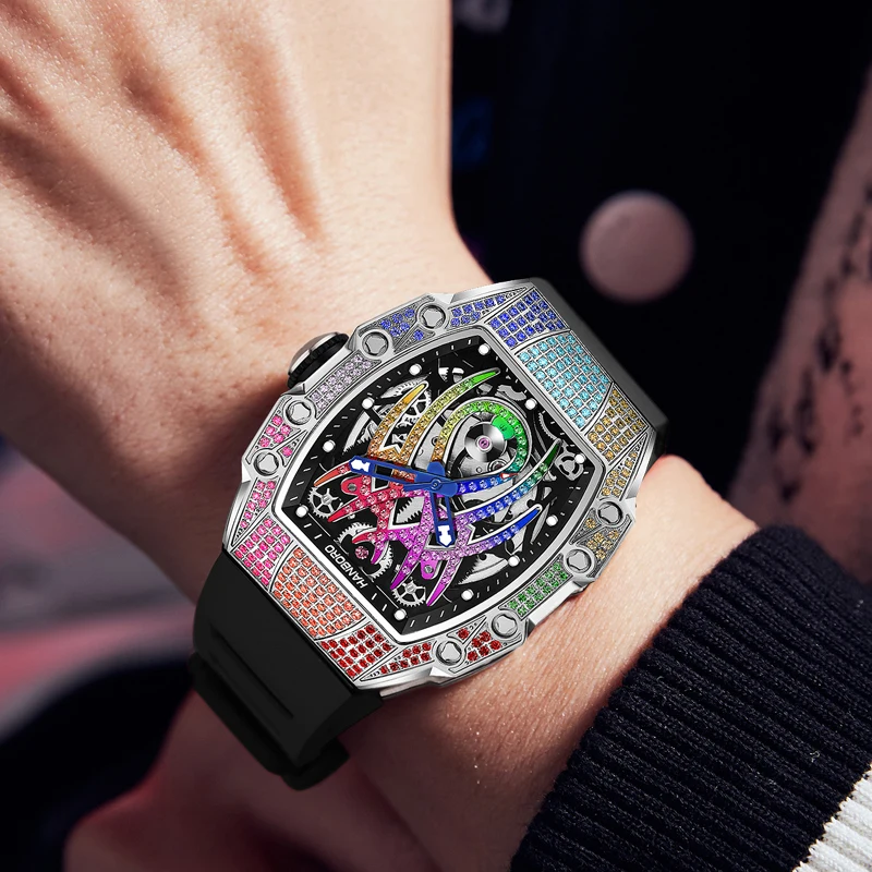 HANBORO Men Automatic Watch Tonneau Luxury Mechanical Wristwatch 5Bar Waterproof Skeleton Crystal Spider Dial & Bezel