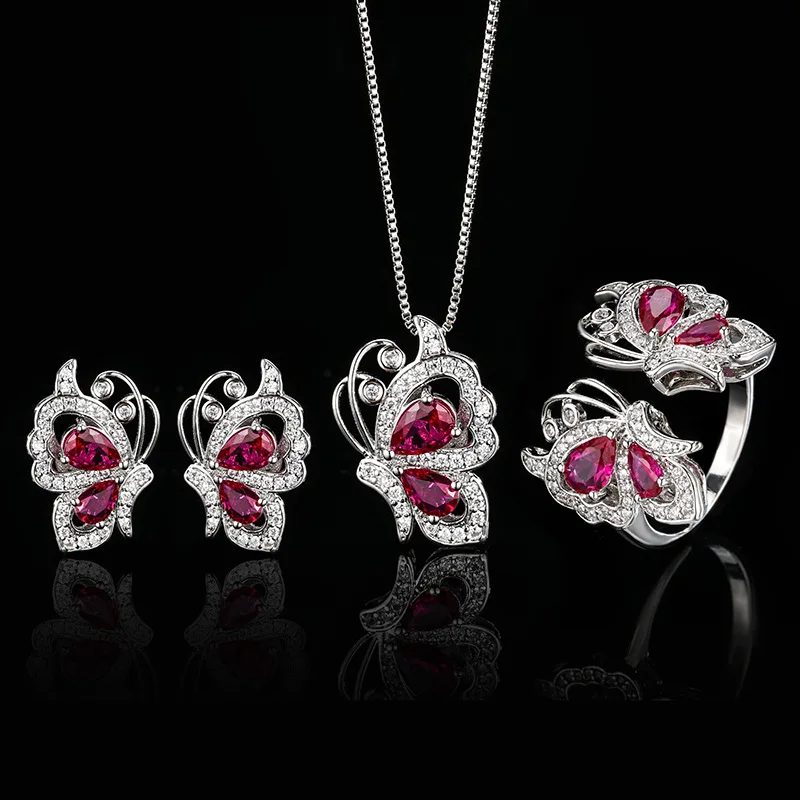 

Jewelry Set Butterfly Pendant Necklace Earring Open Ring Red Zircon Women Fashion Wedding Engagement Anniversary Ladies Gift