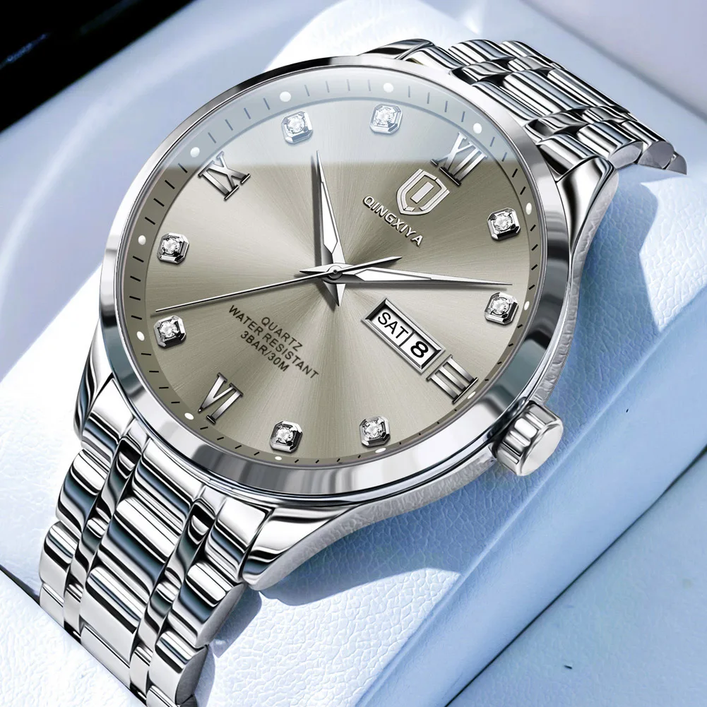

QINGXIYA Brand New Luxury Mens Quartz Watch Stainless Steel Waterproof WristWatch Men's Military Week Date Watches relogio