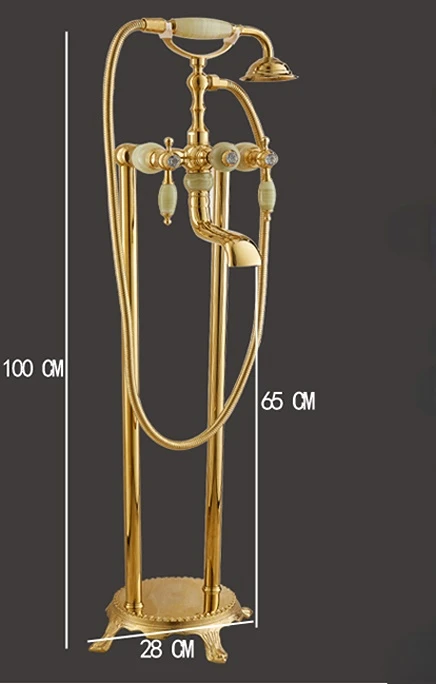 All Copper Natural Jade Floor Standing Bathtub Faucet Shower Golden Hot&Cold  Suit