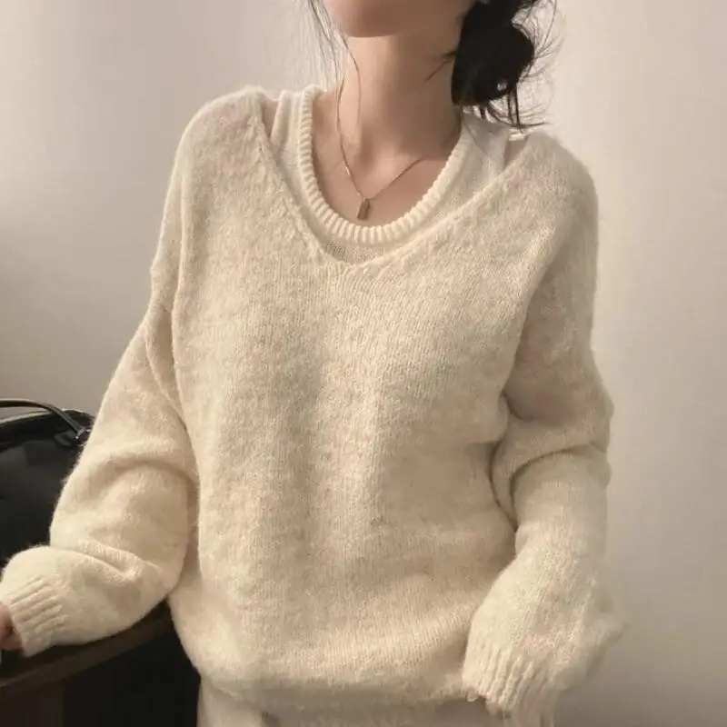 Pull confortable à épaules dénudées pour femme, deux pièces, ample, gris, tricoté, nouvelle collection automne hiver 2025