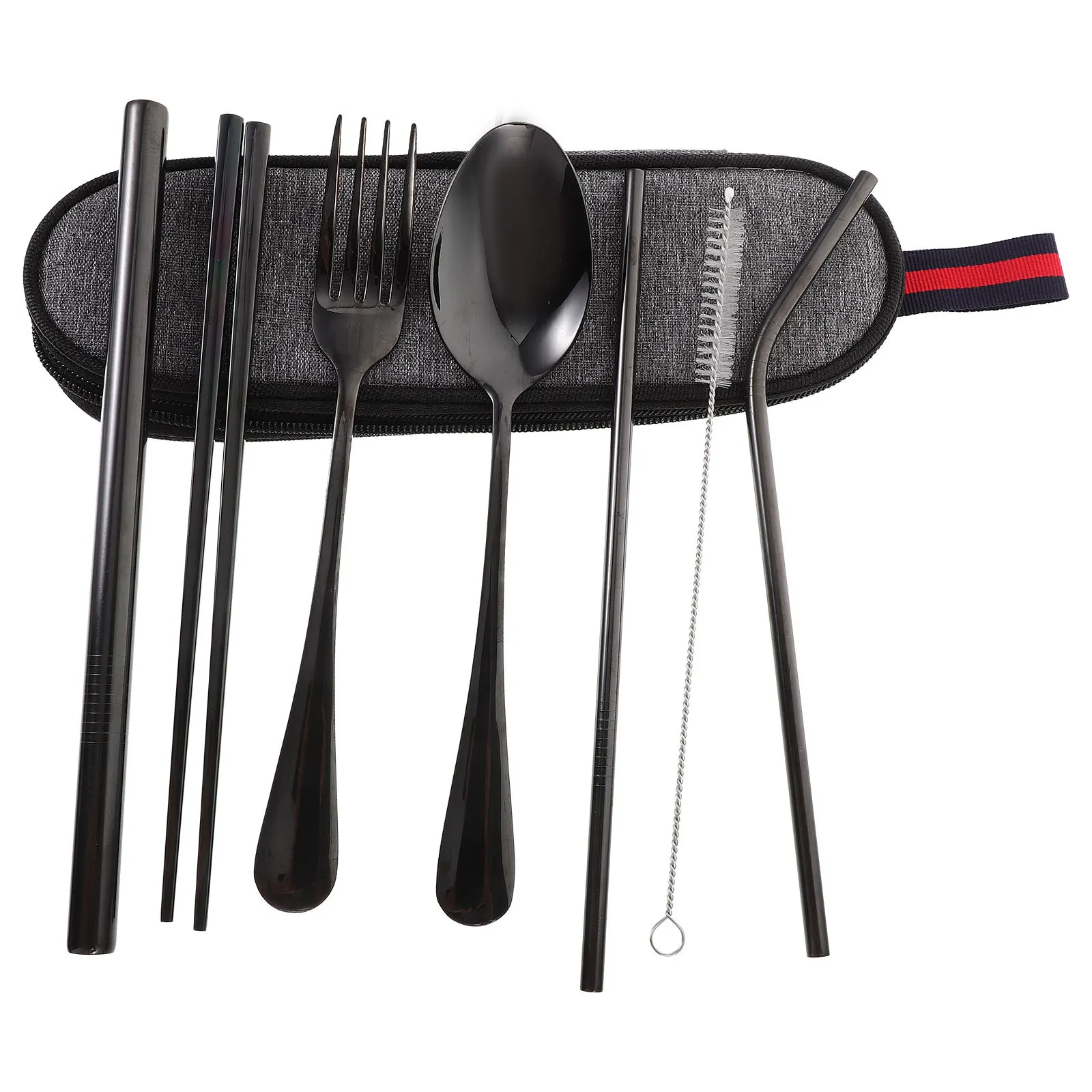 

1Set Stainless Steel Travel Utensil Set Portable Spoon Fork Chopsticks Straw Cleaning Brush Storage Bag Outdoor Picnic Camping