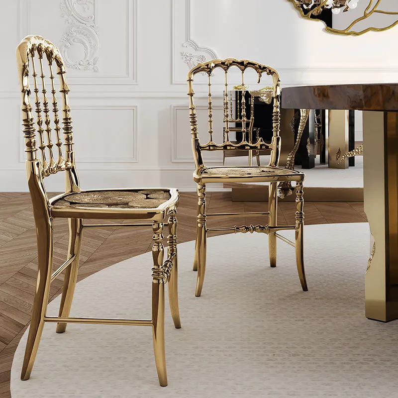 كرسي طعام برتغالي فاخر من النحاس النقي بتصميم عصري ومسند ظهر للشرفة