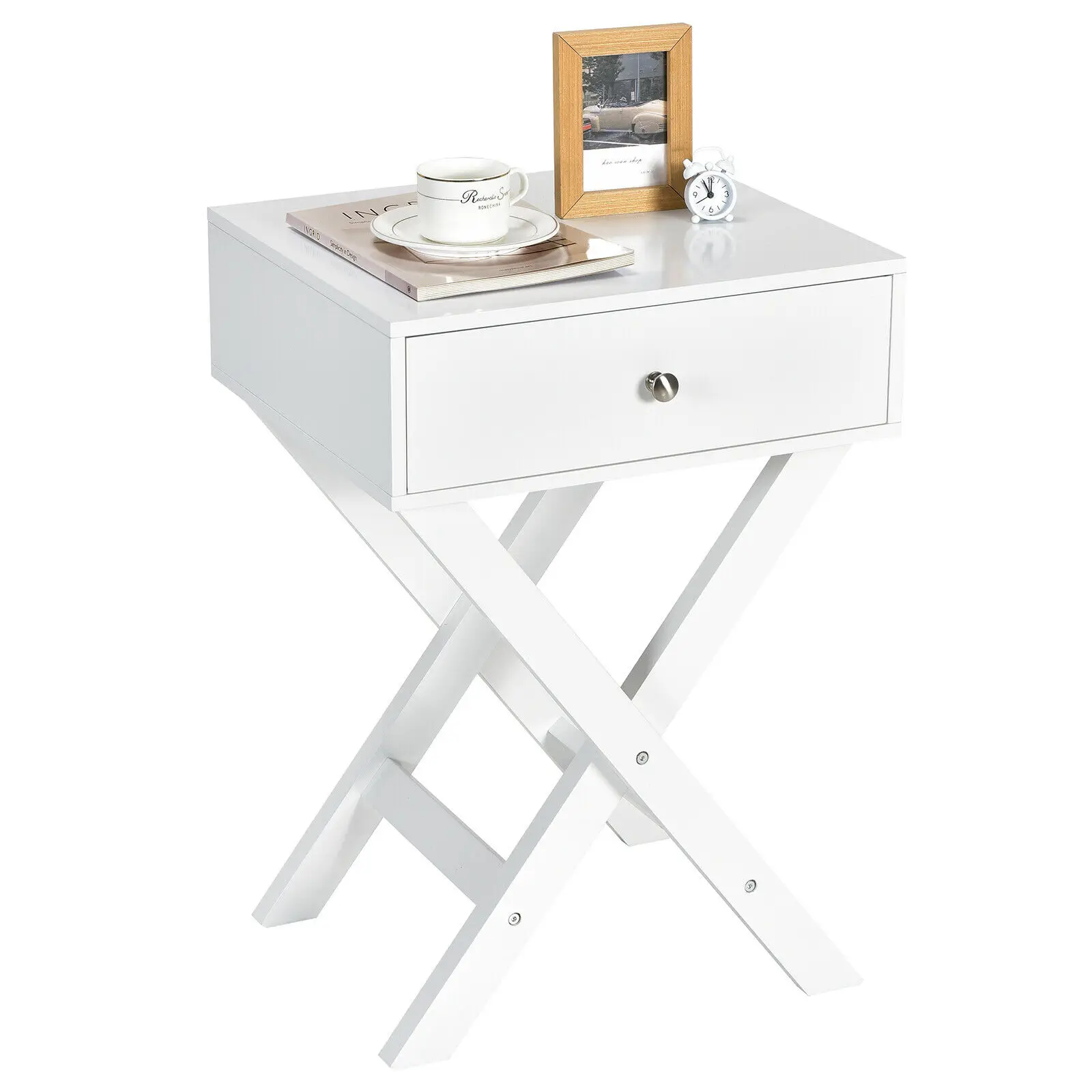 Side Nightstand with Drawer X Shaped Structure Accent Sofa End Table White