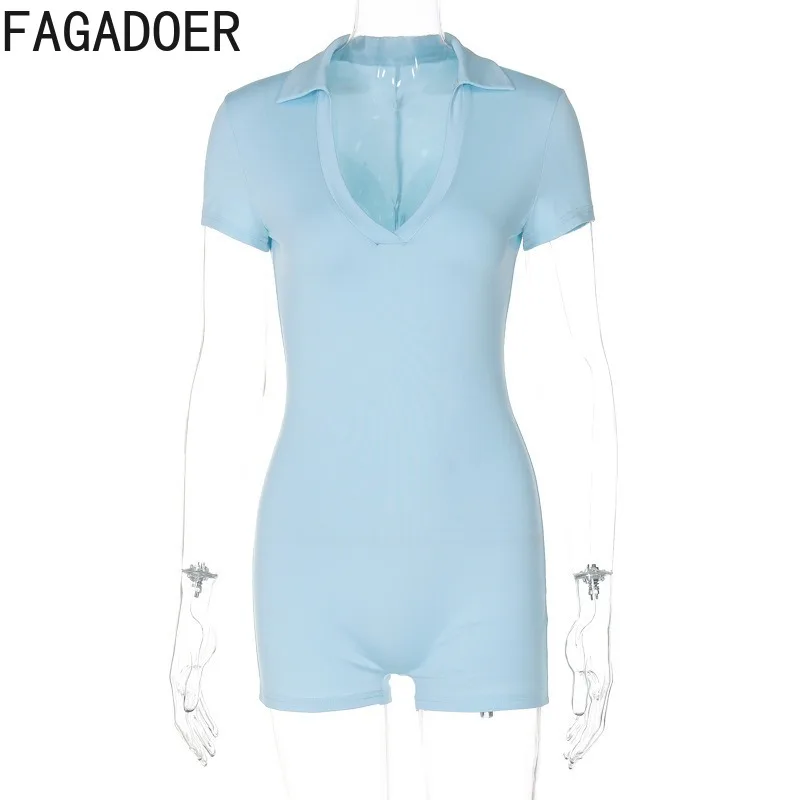 FAGADOER Summer New Sexy Bodycon Rompers Women Solid Color Short Sleeve U Neck One Piece Jumpsuit Female Streetwear Overalls