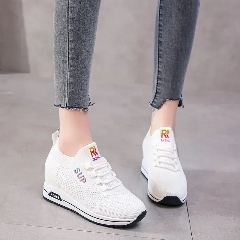 Hot Sale Women Shoes Summer Hidden Heel Wedges White Pink Sneakers Female Platform Breathable Mesh Black Heels Casual Shoe