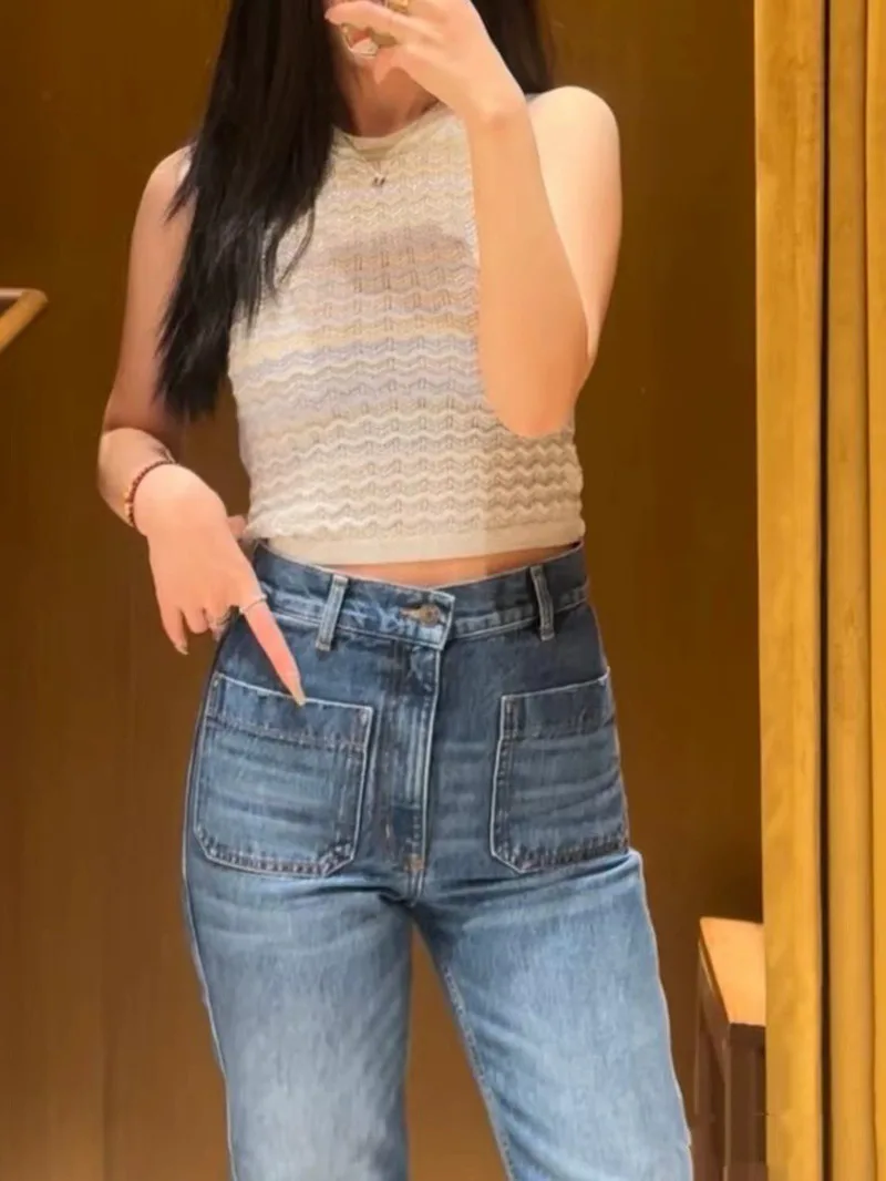 Damska sukienka dzianinowa z gradientowym wzorem fal, ażurowa, z okrągłym dekoltem, dopasowana, bez rękawów, midi, letnia, koreańska P7QW, lato 2025