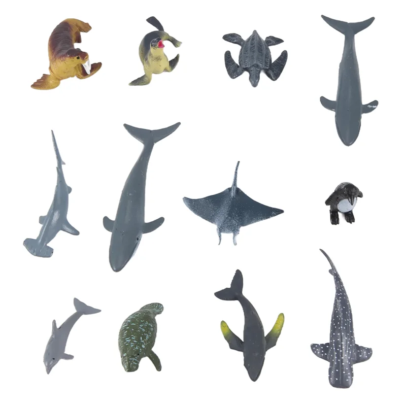 12 ชิ้นการจําลอง Mini สัตว์ทะเลฟันยักษ์ Shark Killer Whale Blue Whale Shark Penguin Dolphin รุ่น