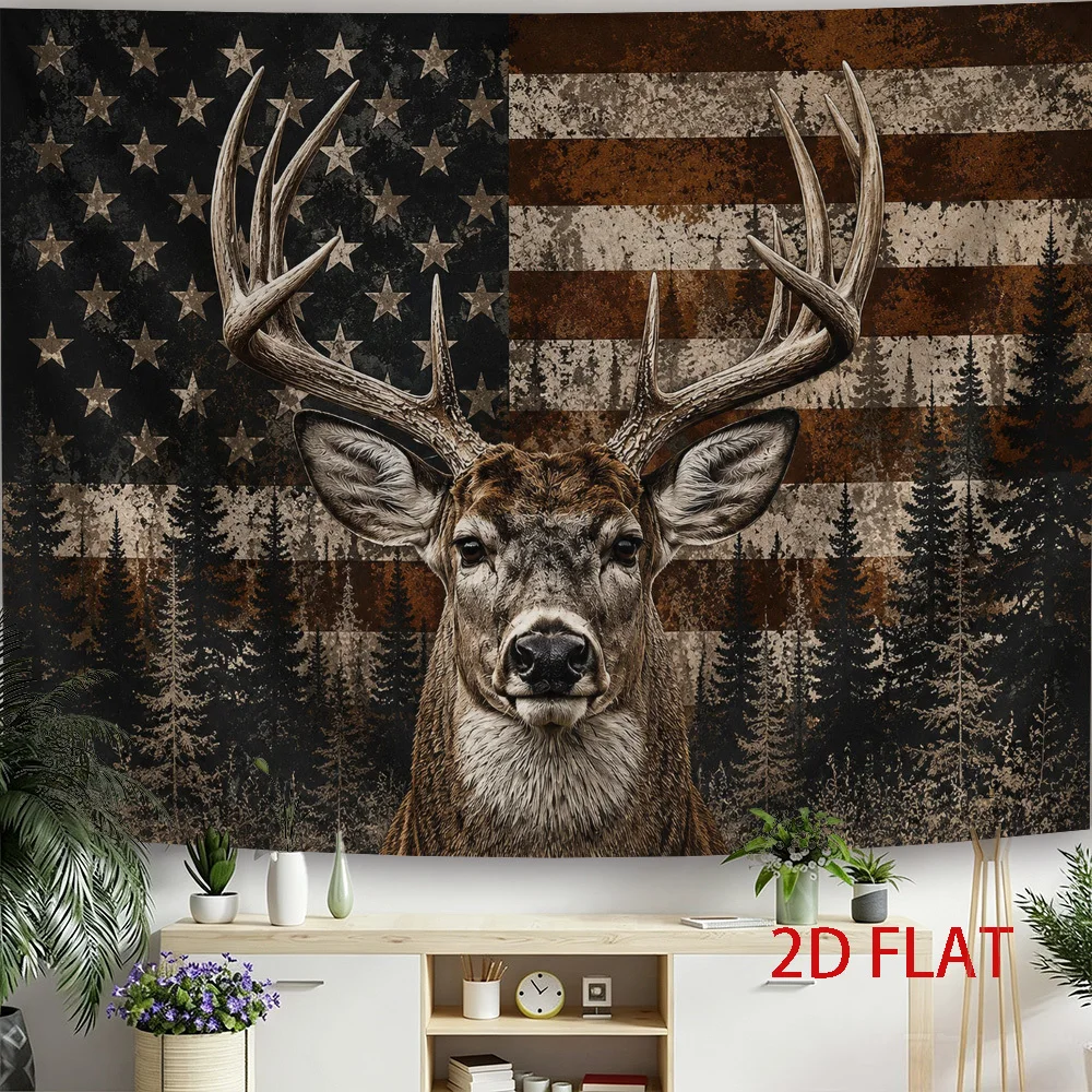 Wildlife Buck Deer Tapestry, Antler Pine Tree Distressed USA Flag Pattern Wall Hanging Rustic Hunting Art for Bedroom Room Wall