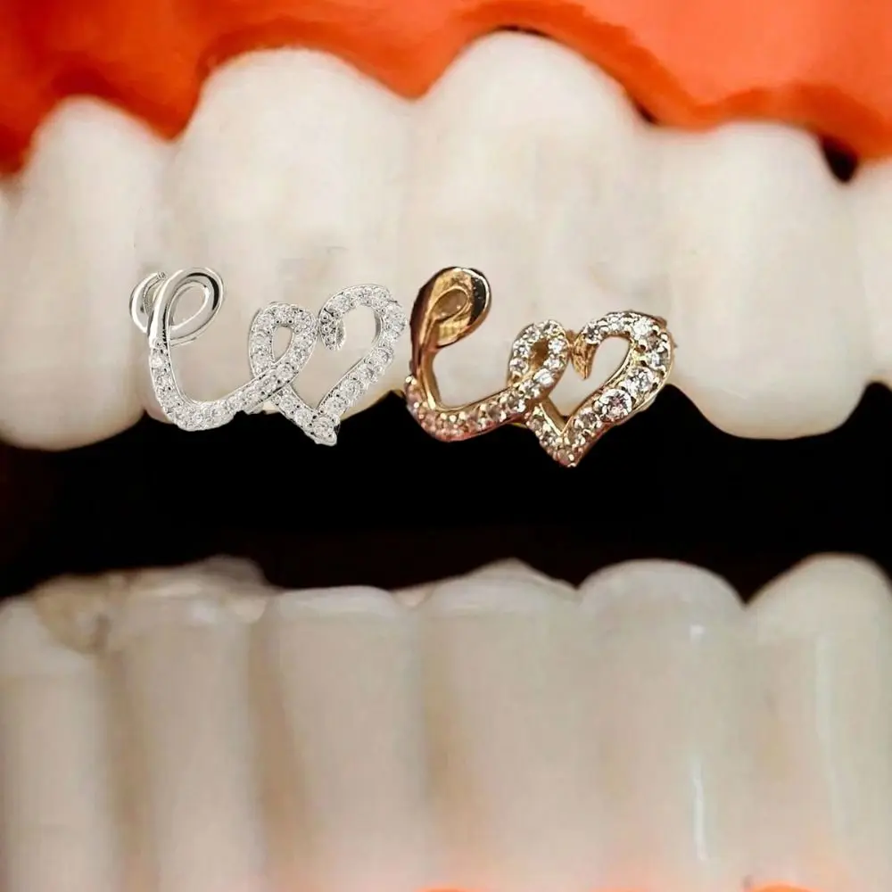 

2Pcs Copper Double Heart Teeth Caps Zircon Comfortable Hip Hop Braces Teeth Grills Decorative Personalized
