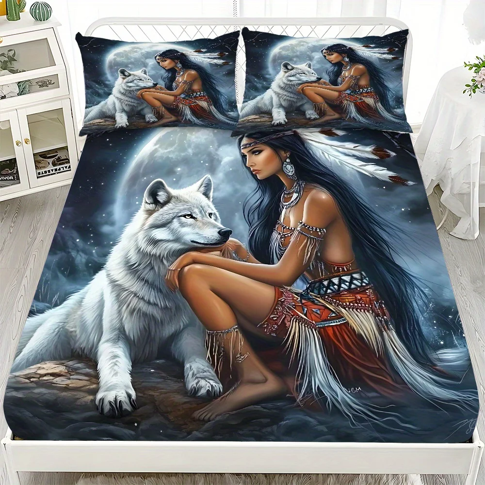 3Pcs Full Moon Wolf Pack Themed Bed Sheet Set, Soft, Comfortable, and Breathable Fitted Sheet and Pillowcase (Pillow Insert Not Included), 100% Polyester Fiber, Machine Washable, Suitable for All Seasons, Suitable for