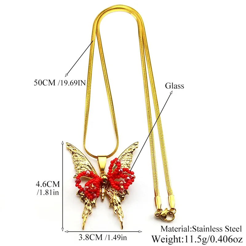 Colorful Glass Beaded Butterfly Pendant Necklace for Women Girls Stainless Steel Gold Color Animal Bow Knot Jewelry Gift