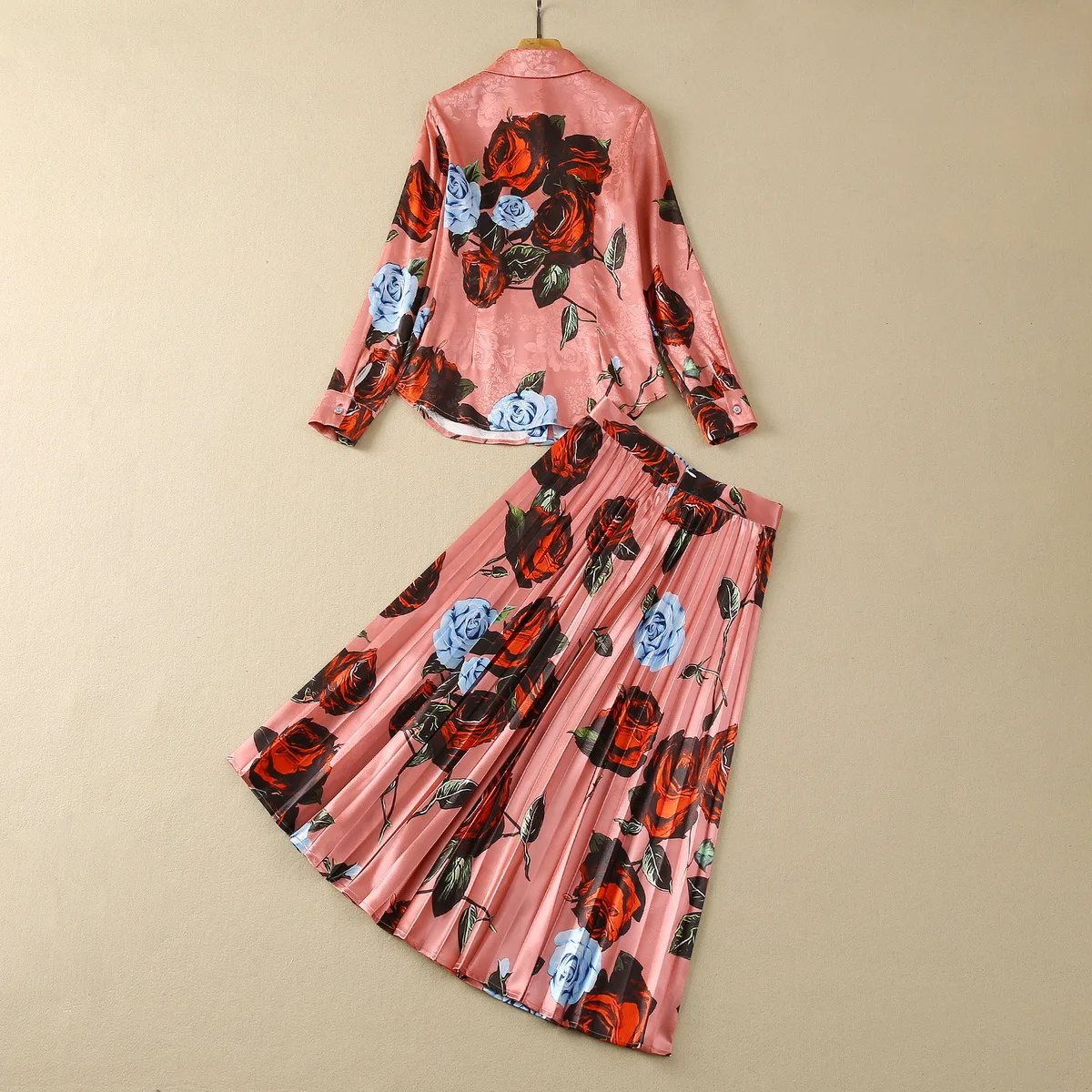 European and American women's clothes 2024 spring new Long-sleeved pink rose print shirt Pleated skirt Fashion suit