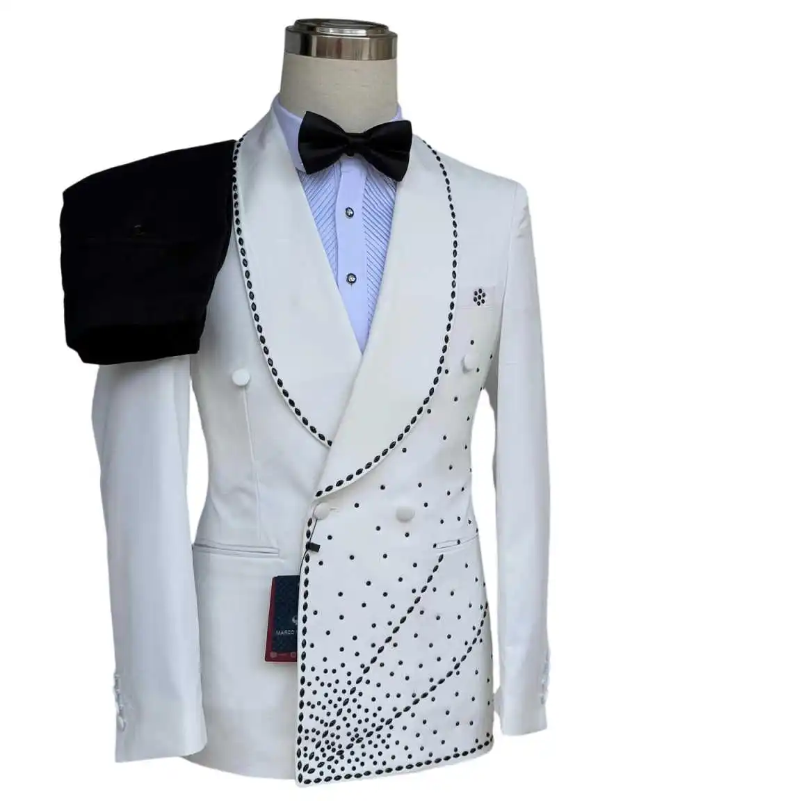 럭셔리 남성 정장 2피스 재킷 바지 더블 브레스티드 비딩 크리스탈 웨딩 턱시도 신랑 프롬 포멀 비즈니스 코트