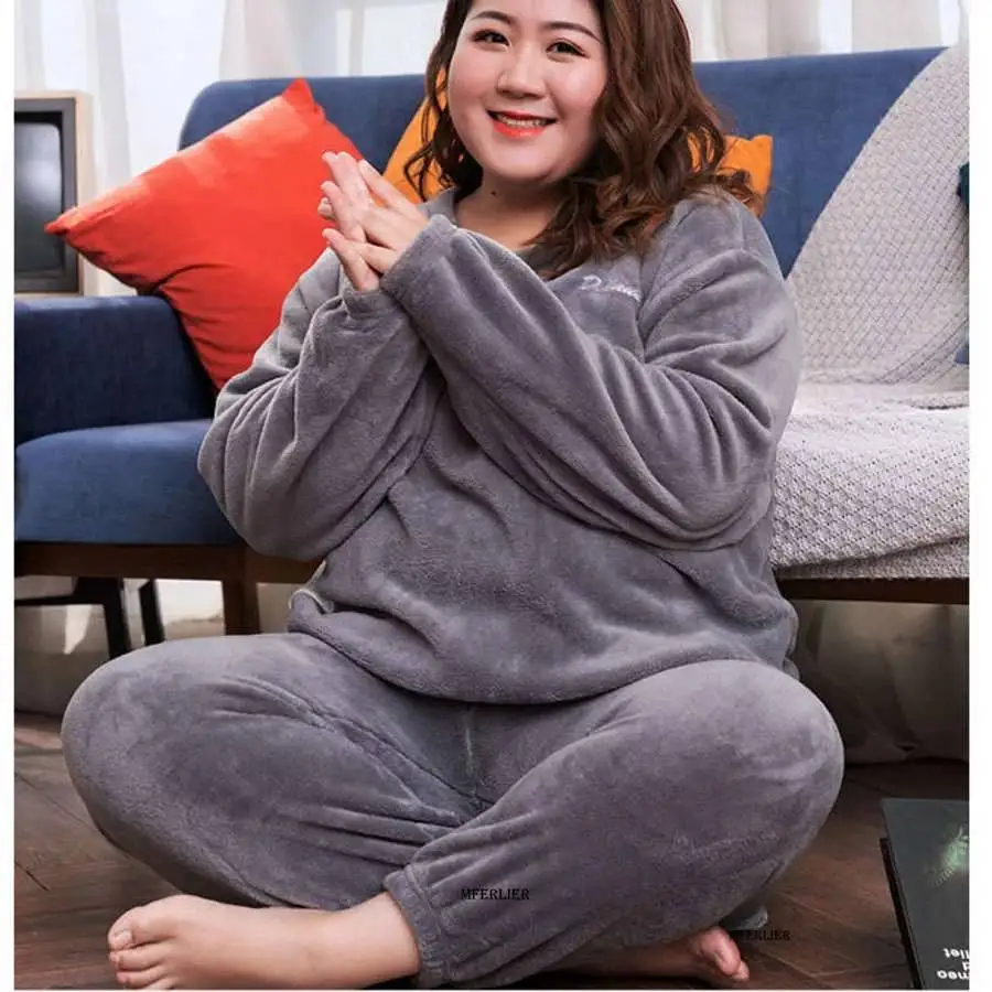 

Plus Size 6XL 150kg Winter Warm Coral Fleece Pajamas Sets Long Sleeve Top and Pants Sleepwear Suit Home Women Female Sleepwear