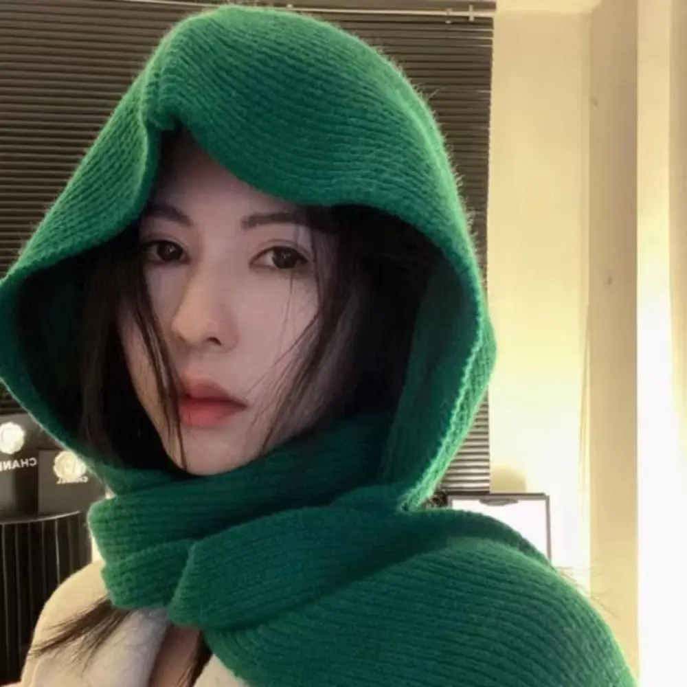 

Утолщенная теплая интегрированная шапка, шарф, защита ушей, вязаный капот 2-в-1, мягкая вязаная Балаклава, зимние аксессуары