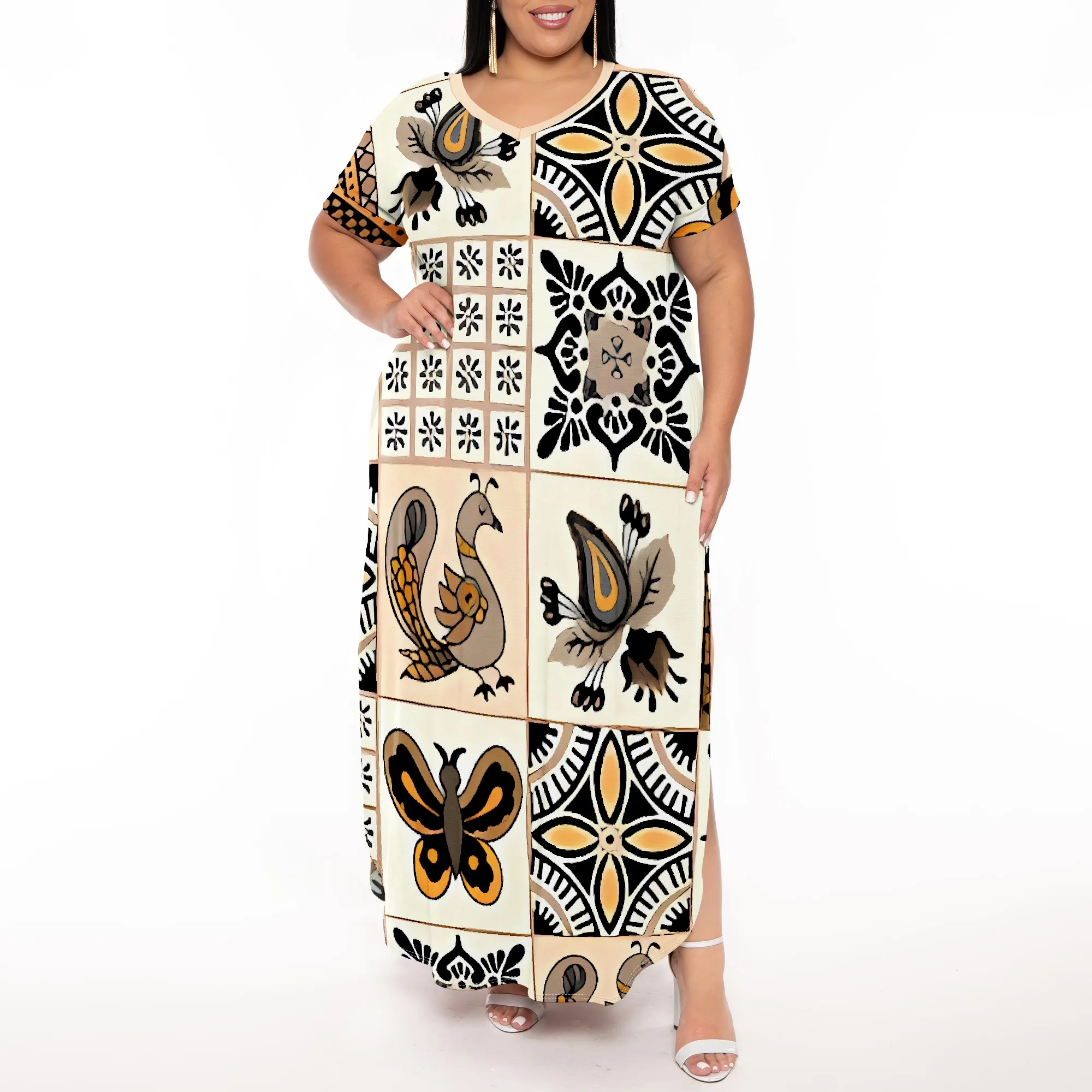 

Plus Size Boho Patchwork Floral Dress V Neck Loose Midi Dress Summer Casual African Style Outfit