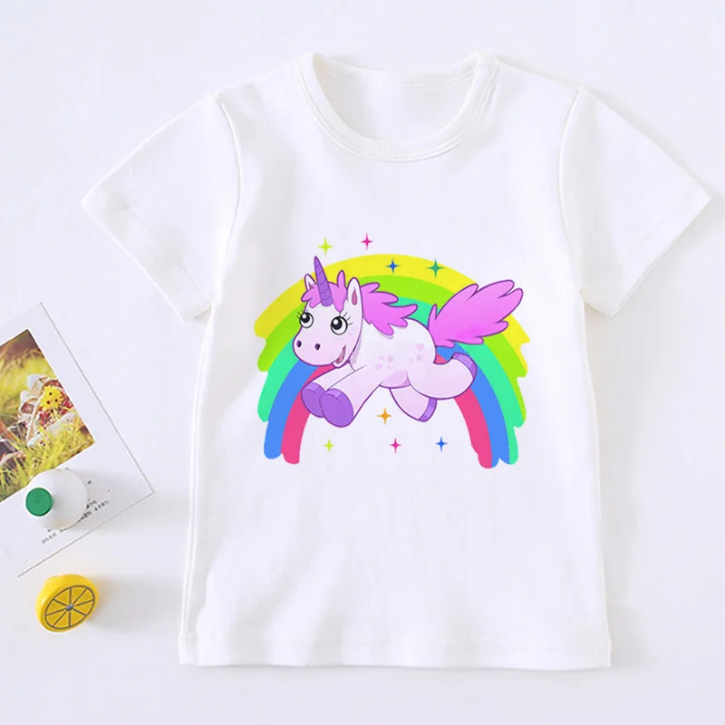 Fashion Cute Unicorn Girl T Shirt Children Rainbow Horse Cartoon Kids T Shirt Harajuku Korean Design Round Neck Baby Boy T Shirt