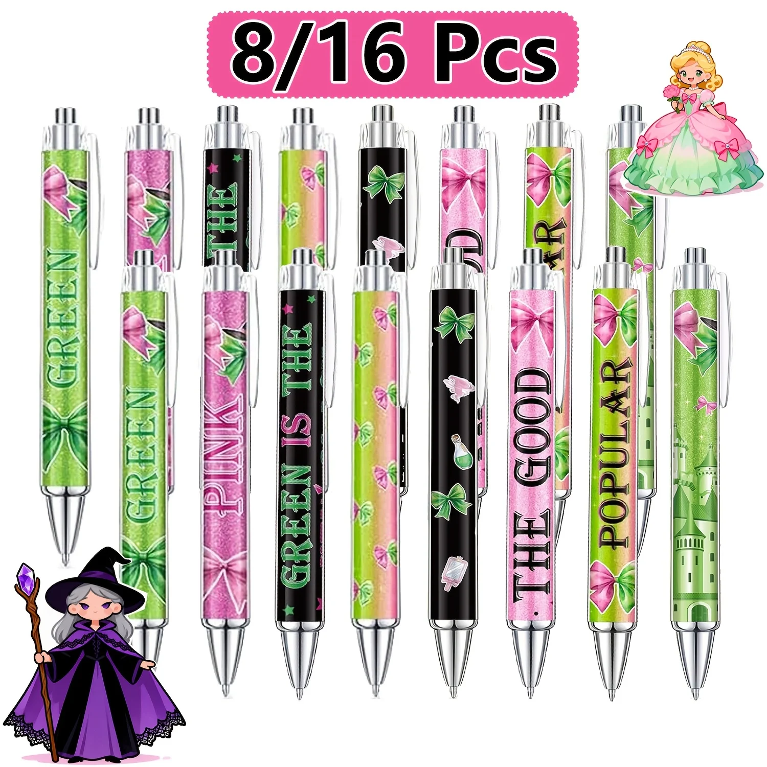 

Набор из 8/16 ручек-шариковых ручек в стиле принцессы и ведьмы, розовые и зеленые, для украшения вечеринок, подарок на праздник для любителей музыкального театра и кино.