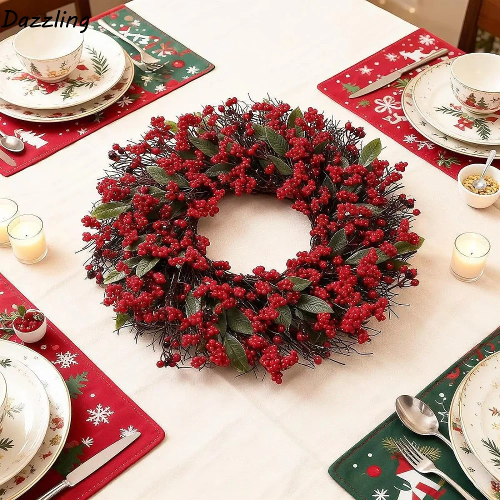 American-style Artificial Berry Holly Christmas Wreath Simulated 45 CM Xmas Red Berry Garland DIY Hanging Wreath Decoration Door