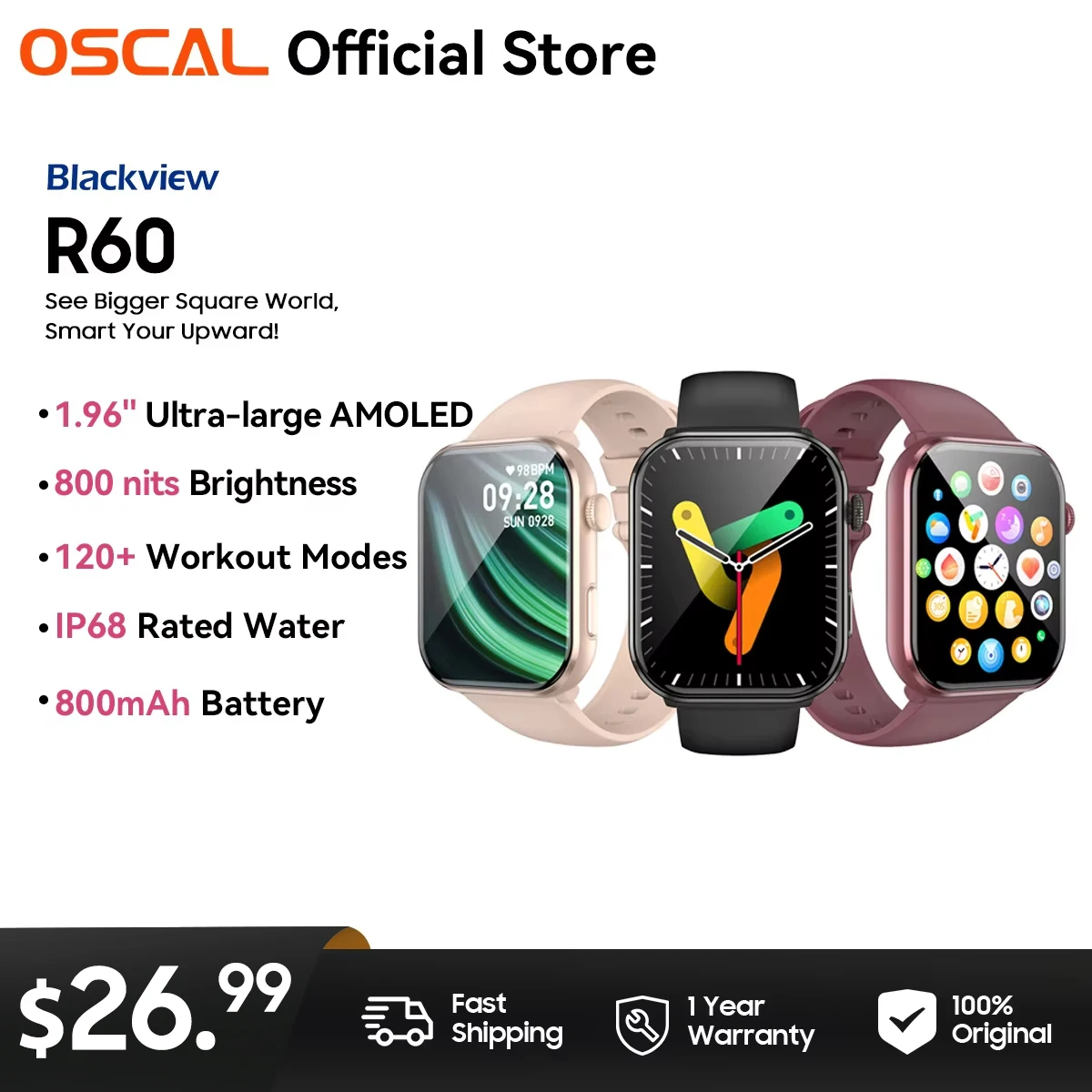 OSCAL Blackview R60 Smartwatch 1.96 Inch HD Sports Watch IP68 Waterproof Android iOS for Men Women Pedometer, Activity Tracker