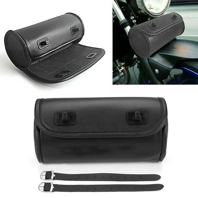Motorcycle Bike Front Fork Tool Bag Saddlebag Storage Pouch Handlebar Black PU Leather Motorbike Saddle Bags with Mounting Belts