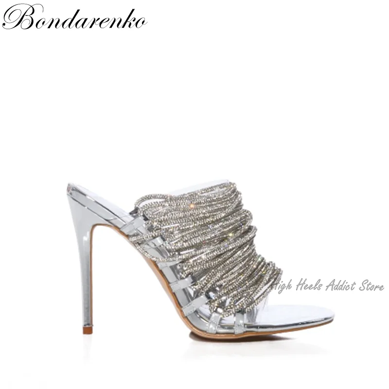 

Summer Sliver Crystal High Heels Slipper Women Bling Stiletto Open Toe Big Size Leather Mules Slides Party Dress Shoes on Offer